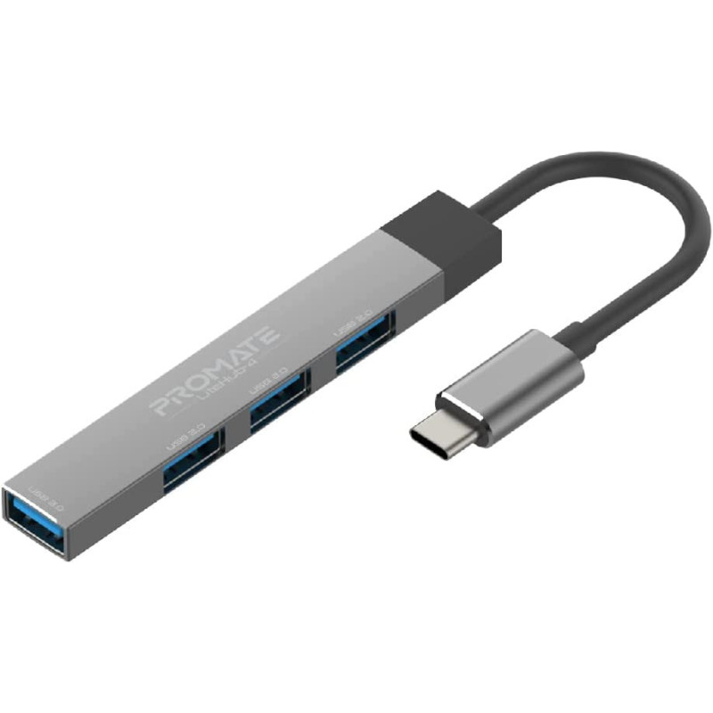 Promate USB-C Hub, 4-in-1 Type-C Sync/Charge Adapter with USB-A Adapter, 5Gbps USB 3.0 Port, 480Mbps USB 2.0 Ports and Compact Aluminum Design for MacBook Pro, Chromebook Plus, LiteHub-4 Grey