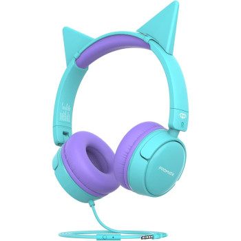 Promate Kids Headphones, HD Stereo On-Ear Wired Headset with Safe Volume Limited 85dB to 95dB, Detachable Cat Ears, AUX Share-Port, Foldable Headband and Built-In Mic for iPhone 13, Jewel Aqua