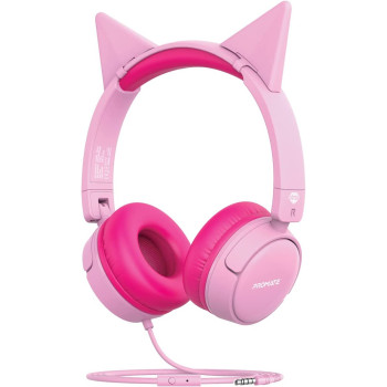 Promate Kids Headphones, HD Stereo On-Ear Wired Headset with Safe Volume Limited 85dB to 95dB, Detachable Cat Ears, AUX Share-Port, Foldable Headband and Built-In Mic for iPhone 13, Jewel Bubblegum