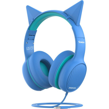 Promate Kids Headphones, On-Ear Foldable Wired Headset with Safe Volume Limited to 85dB, 3.5mm AUX Share-Port, 1.2m Tangle-Free AUX Cord, Detachable Cat Ears and Soft Earmuffs, Simba Aqua