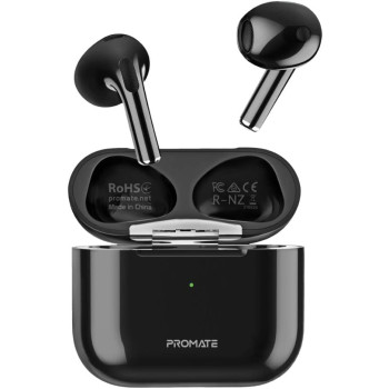 Promate True Wireless Earbuds, High Fidelity In-Ear Bluetooth v5.0 Earphones with Built-in Mic, 25H Playback Time, Touch Controls, Auto Pairing and Wireless Charging Case, FreePods-2 Black