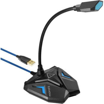 Promate USB Gaming Microphone, High Definition Omnidirectional Gooseneck Condenser Mic with Audio Jack Out, Mute Button and Built-In Tangle-Free Cord for PC,Laptop, Recording, Gaming,Streamer (Blue)