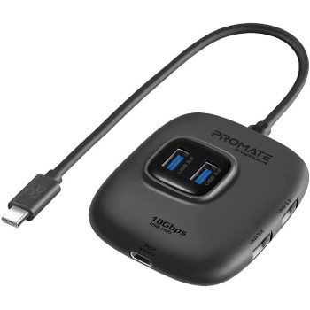 Promate USB-C Hub, 5-in-1 Type-C Sync/Charge Adapter with USB-A Adapter, 100W USB-C Power Delivery Port, 10Gbps 4 USB 3.2 Ports, and Compact Design for MacBook Pro, SAMSUNG Chromebook Plus, SnapHub-4