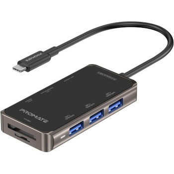 Promate USB-C Hub, Multi-Functional 8-in-1 Type-C Adapter with 100W USB-C Power Delivery Port, 4K HDMI, TF/SD Card Slot, RJ45 Port and 3 USB 3.0 Sync Charge Ports for MacBook Pro, XPS, PrimeHub-Mini
