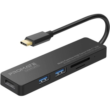Promate USB-C Multi-Port Adapter, Portable Type-C Hub to Ultra-Fast Sync Charger Dual USB 3.0 Port, 4k USB to HDMI Port and SD/MicroSD Card Reader Slot for Type-C Laptops, LinkHub-C Black