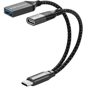 Promate USB-C OTG Media Adapter, Durable Nylon Braided Male USB-C to Female USB/USB-C Ports with 45W Power Delivery and 480Mbps Data Transfer for USB Type-C Enabled Devices, OTGLink-C