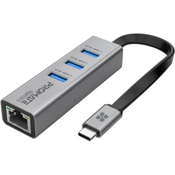 Promate USB-C to Ethernet Adapter Hub, Aluminum Alloy High-Speed USB-C Hub to 10/100/1000Mbps Ethernet Port with 5 Gbps Sync Charge 3 USB 3.0 Ports for USB-C Laptops, Smartphones, Tablets, GigaHub-C