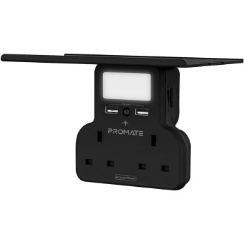 Promate Wall Mount Charging Station, 5-in 1 Wall Outlet Extender with Removable Shelf, Dual 3250W AC Outlets, 2 USB Ports, Sensor LED Night Light and Brightness Control, PowerRack.UK-Black